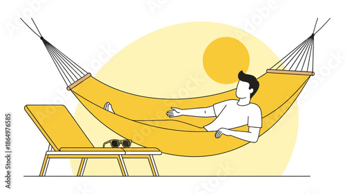 Man Relaxing In A Hammock On A Sunny Day Vector Illustration