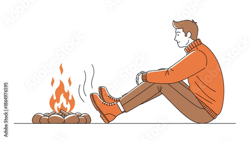 Man Warming Up By The Fire Vector Illustration Minimalist Design