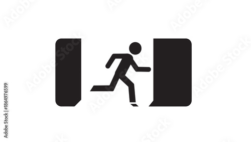 A simple black and white graphic depicting a running person passing through an opening framed by solid rectangular shapes silhouette high quality professional