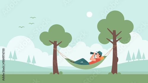 Man Relaxing In Hammock Enjoying Nature With Binoculars On A Peaceful Day