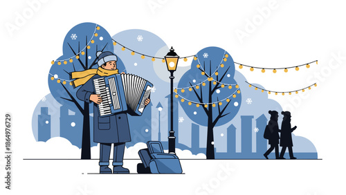 Man playing an accordion in a snowy winter park, illuminated by festive Christmas lights, with people strolling in the background.