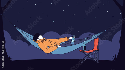 Man Relaxing In Hammock Under Stars In Night Forest With Bottle