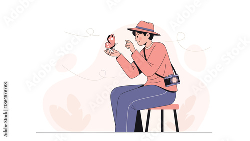 Man With Camera Observing A Butterfly In Nature Serene Observation