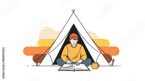 Man Writes In Tent While Camping And Enjoying Nature Adventure Time