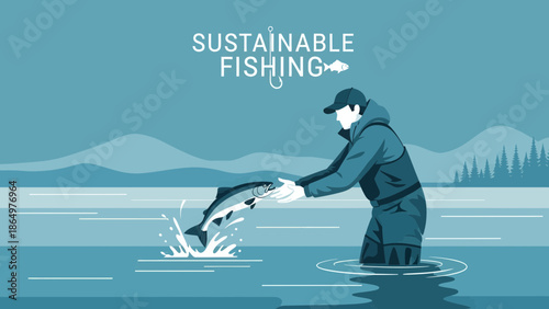 Man Releasing Caught Fish Back Into Water Promoting Sustainable Fishing Practices