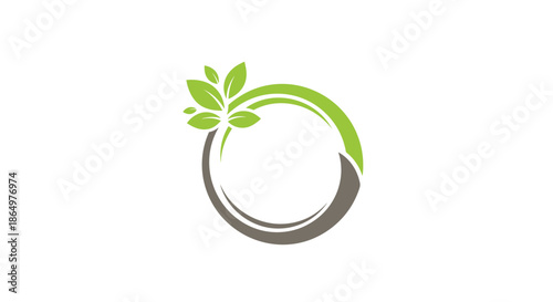 Modern circular frame design featuring a cluster of fresh green leaves at the top corner for organic branding and nature themes.