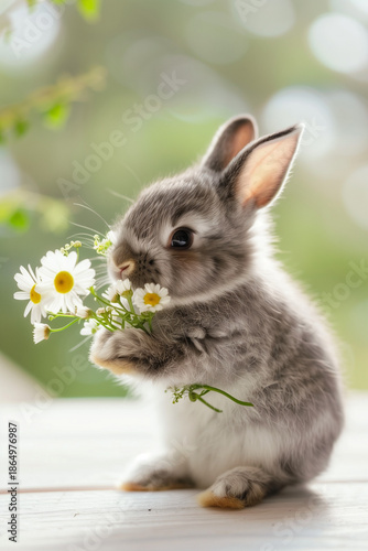 Baby Bunny Holding Daisy Flower for Valentine’s Day in Soft Natural Light
