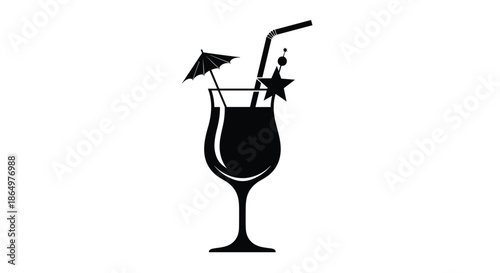 Solid black silhouette of a tropical cocktail glass decorated with an umbrella a star and a straw for summer vacation themes.