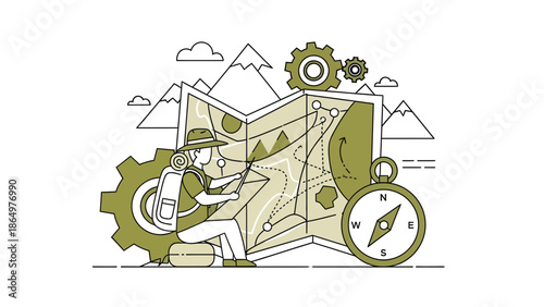 Mapping Out Adventure: A Journey Illustration With Modern Gear And Scenic Landscapes
