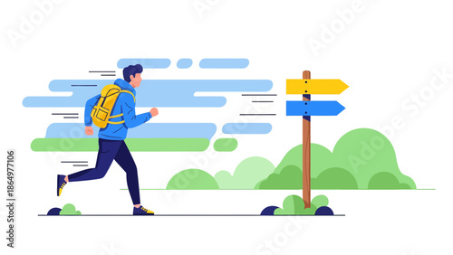 Man Running With Backpack Near Signpost Seeking Direction And Adventure