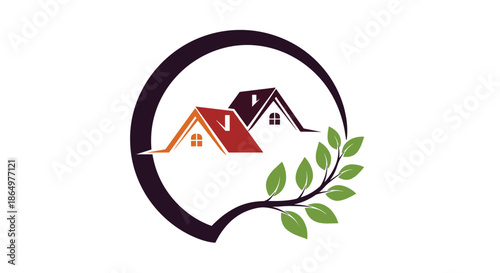 Real estate and nature logo design with stylized house rooftops and a green leafy branch inside a dark circular frame for business.