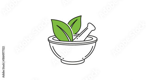 Herbal medicine concept featuring a white mortar and pestle with fresh green leaves representing natural healing and wellness.