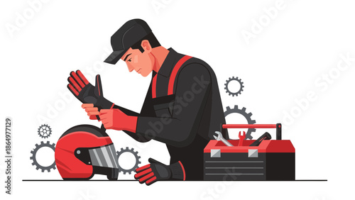 Mechanic Preparing Motorcycle Helmet And Tools For Repair Work
