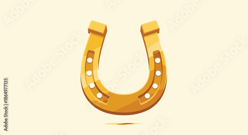Shiny golden horseshoe with white holes floating against a soft cream background as a classic symbol of luck and good fortune.