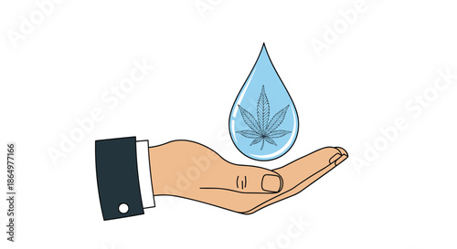 Businessman's hand holding a light blue water drop with a cannabis leaf inside depicting the growth of the medical marijuana industry.
