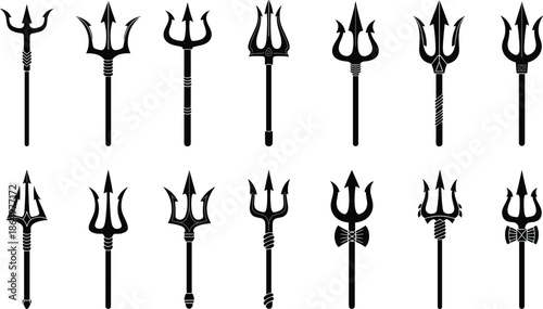 Trident silhouette set featuring various pitchfork and harpoon designs, mythological Poseidon and Neptune weapon icons, marine fantasy, and devil fork vector illustration collection