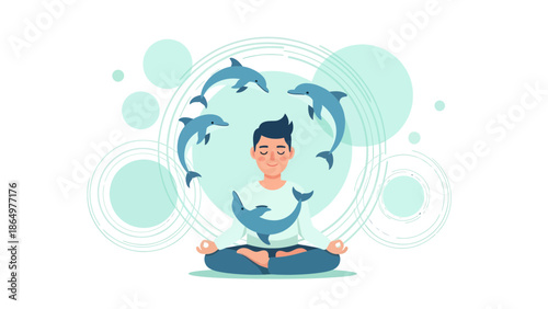 Meditating Man With Dolphins Harmony Serenity Peace Calm Mindfulness Inner Well Being
