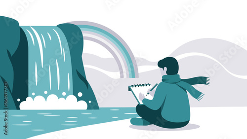Man Sits With Scenic Waterfall Landscape And Sketchbook Creating Drawings Outdoor