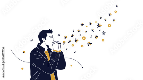 Melodic Harmonica Player Releases Musical Notes in Modern Flat Illustration