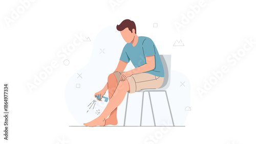 Man Sitting Applying Topical Spray on Leg for Treatment on Minimalist Backdrop