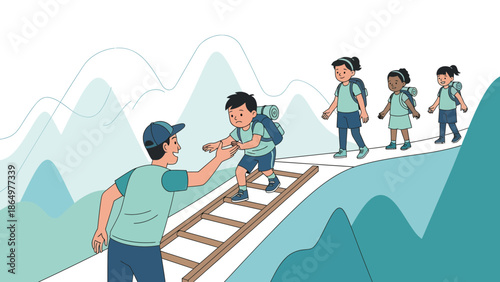 Mentoring Through Difficult Trails A Guide Helps A Young Hiker Along The Path