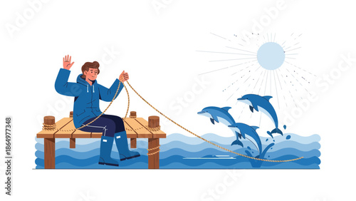 Man Sitting On Pier Interacting With Leaping Dolphins Under Bright Sunlight