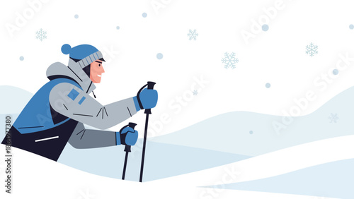 Man Skiing Through A Snowy Landscape Under Gentle Snowfall With Winter Clothes