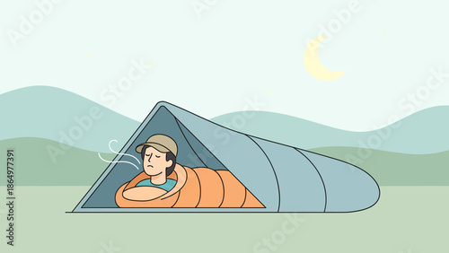 Man Sleeping In A Tent Outdoors Under The Moon Illustration Vector