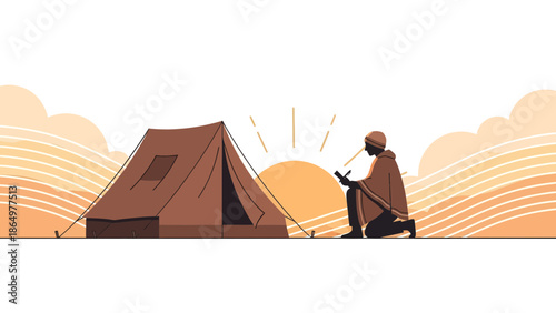 Minimalist Illustration Of Camper Journaling Outdoors Near Tent At Sunrise