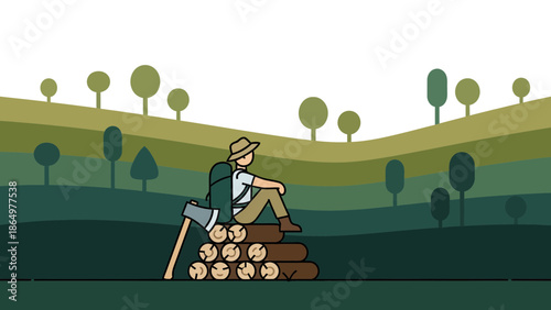 Minimalist Illustration Of Hiker Resting On Wood Pile Amidst Green Landscape