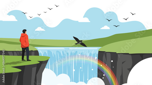 Man Standing At Cliff Admiring Waterfalls And Rainbows Under Birds Flying