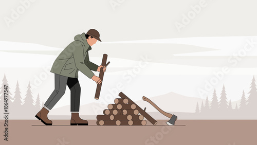 Man Stacking Wood Beside Ax In Forest Ready For A Campfire Adventure