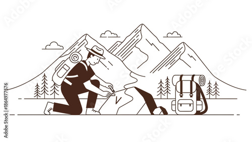 Minimalist Trekker In Mountain Landscape Lighting Campfire For Wilderness Adventure