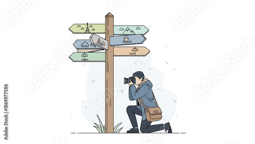 Man Takes Photo Of Multi Directional Signpost Choosing Travel Destination