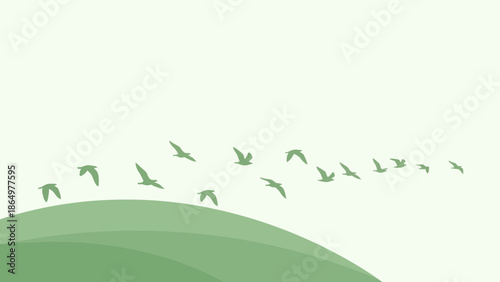 Minimalistic Green Scene Featuring Flying Birds Over A Lush Hillside At Sunrise