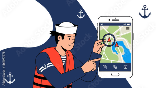 Modern Sailor Navigating Using Mobile App Featuring Map Location For Maritime Guidance