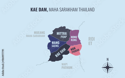 Map showing Kae Dam District Maha Sarakham Thailand divided into sub districts with minimalist colorful patterns