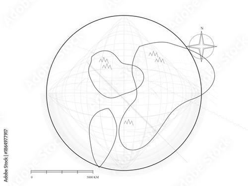 Map showing geographic features and lines on a coordinate grid with a compass direction in the corner