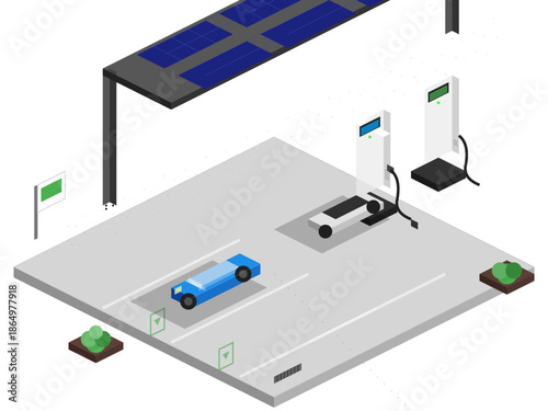 Electric vehicle charging station located in a parking area with solar panels on roof during daytime