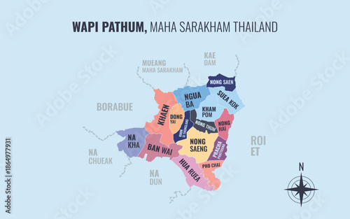 Map showing Wapi Pathum District Maha Sarakham Thailand divided into sub districts with minimalist colorful patterns