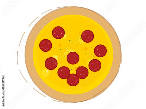 Pepperoni pizza with cheese and crust on a flat surface being rotated