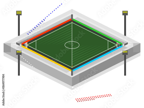 Soccer field layout with colorful boundary lines and lights for evening games in a modern stadium