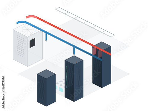 Servers are connected through a network in a data center setup during a digital infrastructure installation