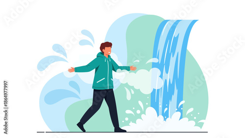 Man Walking Near Waterfall Experiencing Freshness and Happiness Outdoors