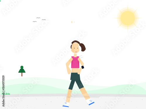 Woman walks on a pathway under the sun near a tree while wearing a workout outfit