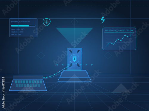 Current battery diagnostics and encryption status display in a digital interface during a technology analysis session
