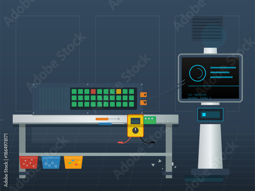 Workstation showing electronic testing setup with meter and display for measuring equipment status and readings in a lab