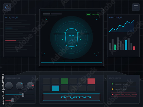 Screen shows data feed and analytics with system controls for verification and monitoring in a tech environment