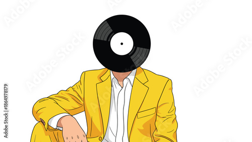 Abstract person in a vibrant yellow suit with a vinyl record replacing their head, symbolizing music, art, and creative expression.