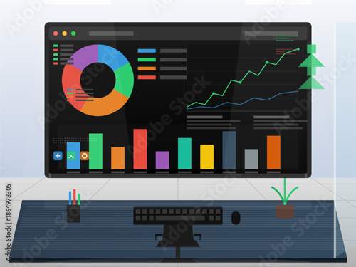 Data analysis display shows charts and graphs on a computer screen in an office setting